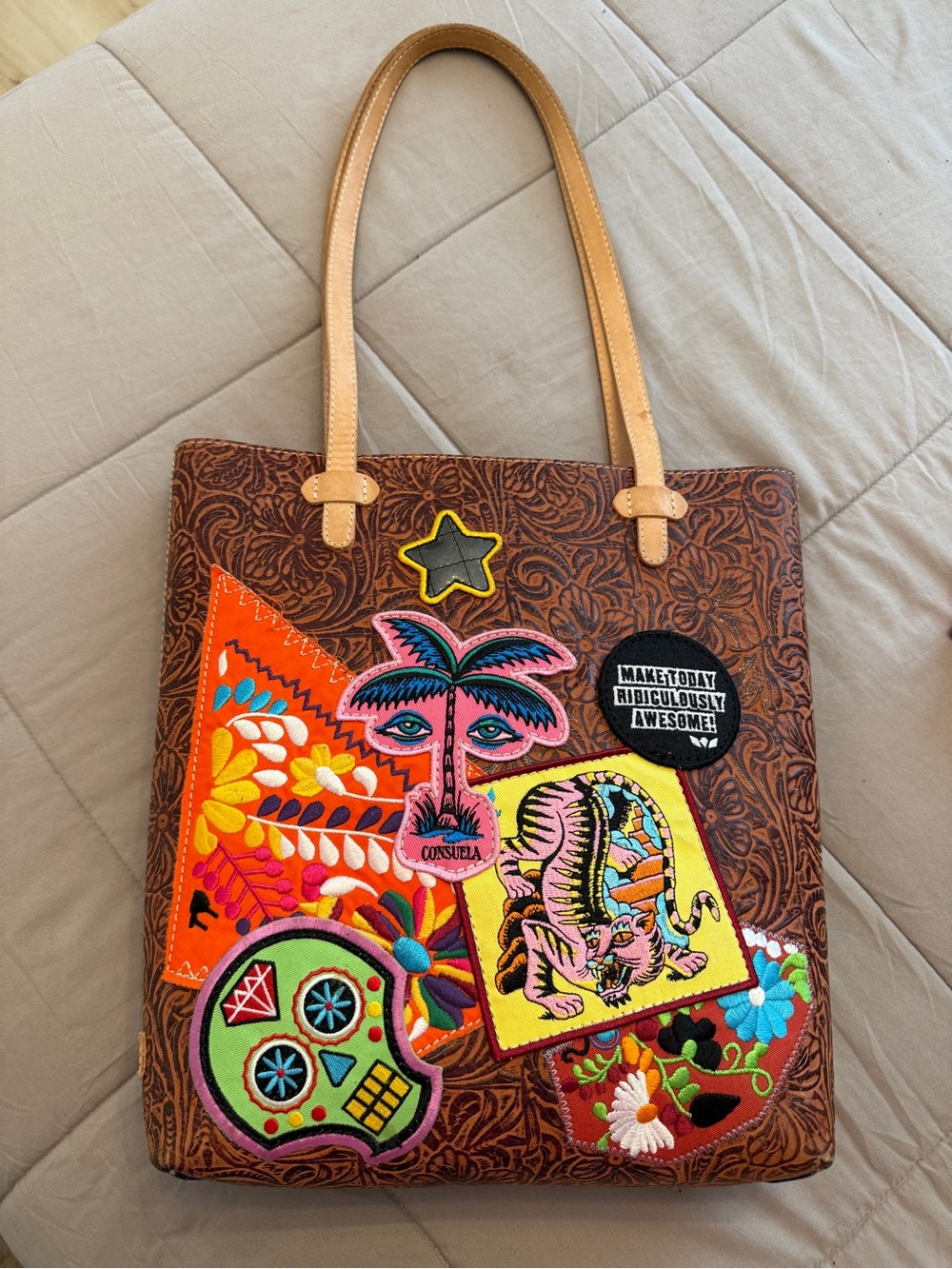 Consuela Brown Leather Tote with Multicolor Embroidered Patches